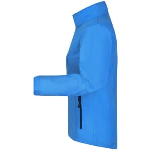 A blue ladies softshell jacket with a zippered pocket, featuring a stand-up collar and a sleek design.