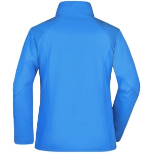 A blue ladies softshell jacket with a high collar and long sleeves, featuring a branding logo.