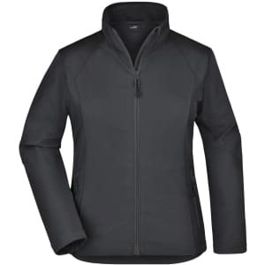 A ladies softshell jacket in black with a zip front and side pockets, featuring a logo.