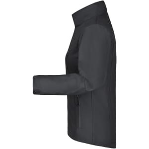 A ladies softshell jacket in dark grey featuring a sleek design and a side zip pocket. It has a logo on it.