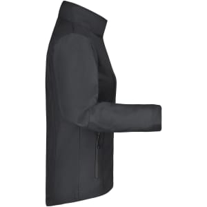 A women's softshell jacket in black, featuring a zippered pocket and a sleek, fitted design. It has a logo on the front.