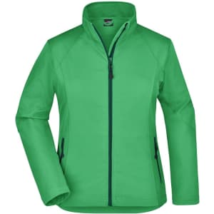 A vibrant green softshell jacket featuring a zip front and side pockets, with a logo on the chest.