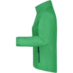 A green Ladies Softshell Jacket featuring a side view and a zipped pocket. It has a simple design and includes a logo.