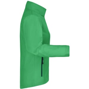 A green ladies softshell jacket featuring a zippered side pocket and a high collar. It has a fitted design.