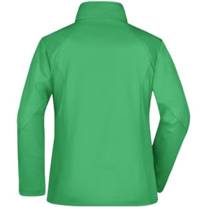 A green ladies softshell jacket with a high collar and long sleeves, featuring a branding logo on the back.