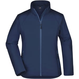 A ladies softshell jacket in navy blue featuring a zip front and side pockets. It has a logo on the chest area.