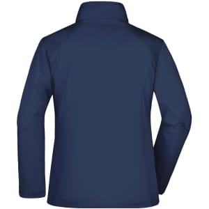 A ladies softshell jacket in navy blue, featuring a simple design and a collar. It has a branding logo.