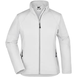 A ladies' softshell jacket in white featuring a full front zip and two side pockets. The jacket has a logo on it.