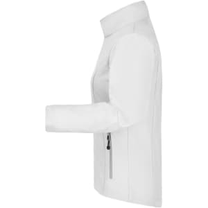 A women's softshell jacket in white with a zippered pocket, featuring a high collar and long sleeves.