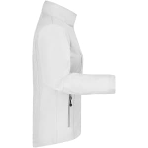 A ladies softshell jacket in white, featuring a zip pocket and a high collar. The jacket has a streamlined, fitted design.