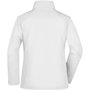 A softshell jacket in white, featuring a collared neck and long sleeves. The back view showcases its smooth design and a logo.