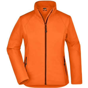 An orange ladies softshell jacket with a zip front and two side pockets. It features a collar and has branding.