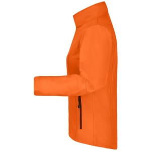 An orange ladies softshell jacket featuring a zippered pocket and a high collar, with a logo on the front.