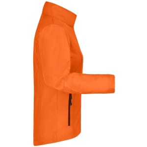 An orange softshell jacket with a zippered pocket and a stand-up collar. It features a streamlined design.