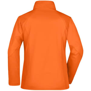 An orange ladies softshell jacket featuring a high collar and a smooth back design. It has a logo on the back.