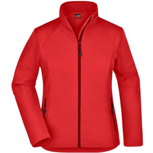 A red softshell jacket featuring a zip front and side pockets, with a collar and a branded logo.