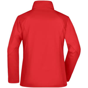 A red ladies softshell jacket with a high collar and long sleeves. It features a logo on the back.