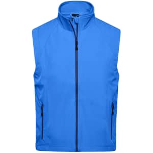 A blue men's softshell vest with a high collar and zippered pockets. It features a logo on the front.