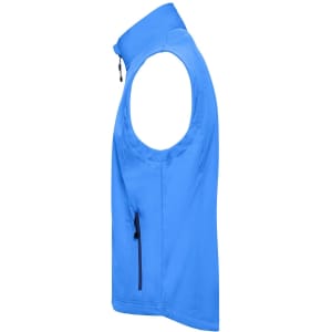 A blue softshell vest with a zippered pocket on the side and a high collar, featuring a logo.