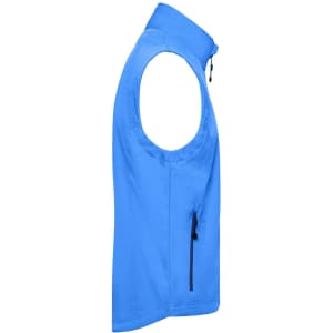 A blue men's softshell vest featuring a zippered pocket and a stand-up collar. It has a logo on the front.