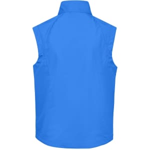 A blue men's softshell vest featuring a high collar and sleeveless design, with a logo on the back.