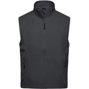 A grey men's softshell vest with a high collar and zippered front, featuring two side pockets.