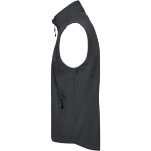 A men's softshell vest in black, featuring a high collar and zippered front pocket. It has a logo on it.