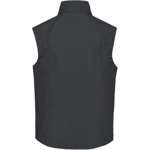 A men's softshell vest in dark grey, featuring a sleek design and a collar, with a subtle logo.