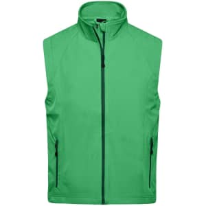 A green men's softshell vest with a stand-up collar and zippered pockets. The vest features a branding logo.