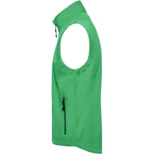 A green men's softshell vest featuring a zippered pocket and a logo.