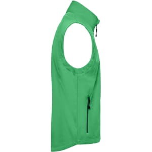 A green men's softshell vest, featuring a zippered pocket and a high collar, shown from the side.