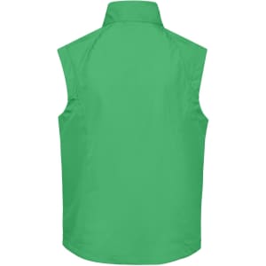 A green men's softshell vest with a sleek, sleeveless design and a smooth texture, featuring a logo.
