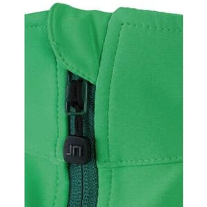 A green softshell vest featuring a front zipper and a logo on the zipper pull.