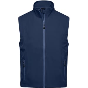 A navy blue men's softshell vest with a zippered front and two side pockets, featuring a logo.