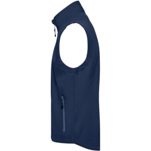 A navy men's softshell vest featuring a high collar and side pockets, with a logo on the chest.