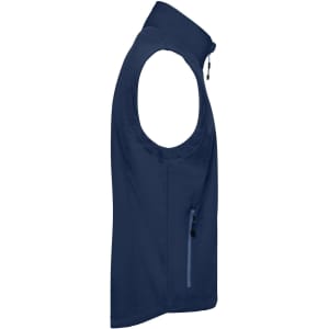 A navy softshell vest features a high collar and a side zip pocket, designed for a sleek look.