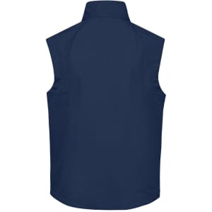 A navy men's softshell vest featuring a high collar and no sleeves. It has a logo on the back.