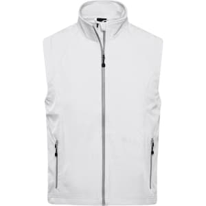 A white men's softshell vest with a zip front and two side pockets, featuring a logo.