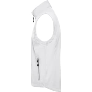 A white softshell vest for men featuring a zippered pocket and a collar. Includes a logo.