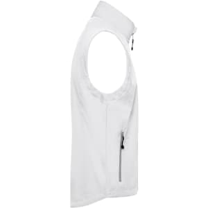 A white men's softshell vest with a zippered pocket and a high collar, showcasing a lightweight design.