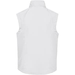 A white softshell vest featuring a collar and a back view. It includes a logo on the neck area.