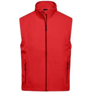 A red men's softshell vest featuring a high collar and two side pockets, with a logo present on the garment.