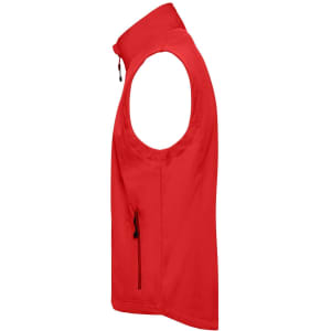 A red men's softshell vest featuring a high collar and a side zippered pocket.