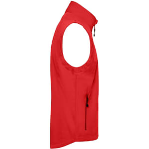 A red men's softshell vest with a side zip pocket and a stand-up collar. The design features no sleeves.