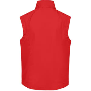A red men's softshell vest with a high collar and no sleeves, featuring a logo on the back.