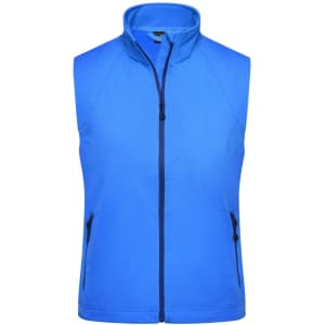 A blue softshell vest with a high collar and two zippered front pockets. It has a logo on the chest.