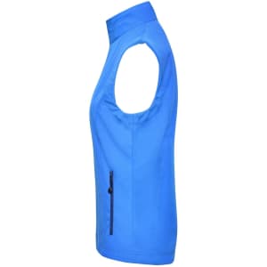 A blue ladies softshell vest featuring a sleeveless design and a side zip pocket.