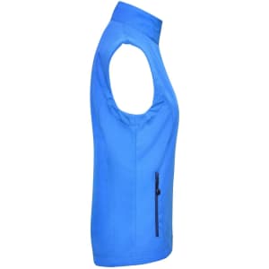 A blue ladies softshell vest with a side zip pocket and no sleeves, featuring a logo.