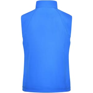 A blue ladies softshell vest with a collar and sleeveless design. Features a logo on the back.