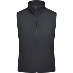 A black ladies softshell vest with a high collar and zip-up front, featuring side pockets and a branding logo.